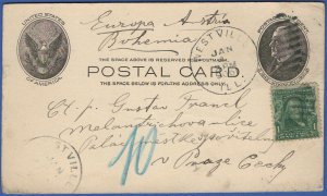 S563- UX18 S22 postal card + #300, 1906 WESTVILLE, ILL to Prague, Bohemia Czech