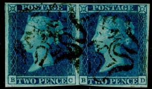 SG14, 2d blue PLATE 3, FINE used. Cat £1100. BLACK MX with NO.12. PAIR. BC BD