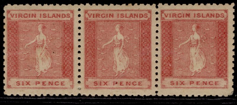 BRITISH VIRGIN ISLANDS QV SG7, 6d rose-red, LH MINT STRIP x 3 & PAPER MAKERS WMK