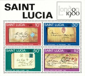 St. Lucia 1980 - London Exhibition, Classic Postmarks - Sheet of 4v - 490A - MNH