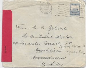 Tel-Aviv, Palestine to Brookline, Ma 1941 fwd Topeka, KS Palestine Cens. (C5555)