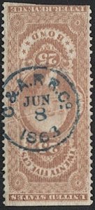 US 1862 Revenue Sc R43b 25c Used Bond, 1863 blue Railroad cancel