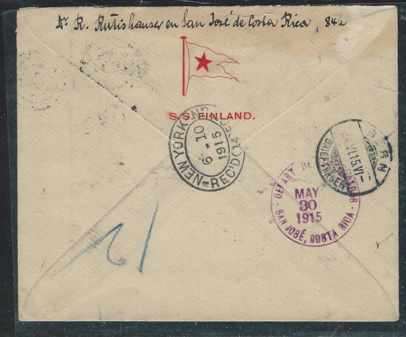 COSTA RICA (P1906B) 1915 5CX4 ON REG COVER VIA NY TO SWITZERLAND