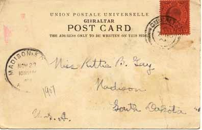 Gibraltar 1d KEVII 1904 Gibraltar, 26 PPC to Madison, S. Dak.