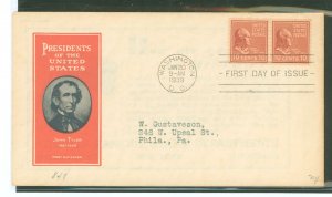 US 847 1939 10c John Tyler (presidential/prexy series) coil pair on an addressed first day cover with an Ioor cachet.