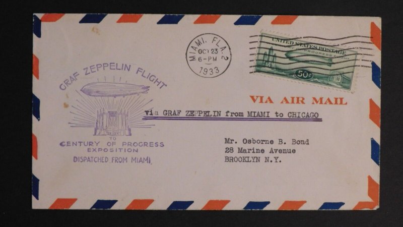 1933 Miami FL Graf Zeppelin LZ 127 #C18 century Progress Cover Brooklyn NY USA