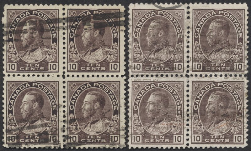 Canada #116 Two 10c Admiral Blocks of 4 Different Plum Shades