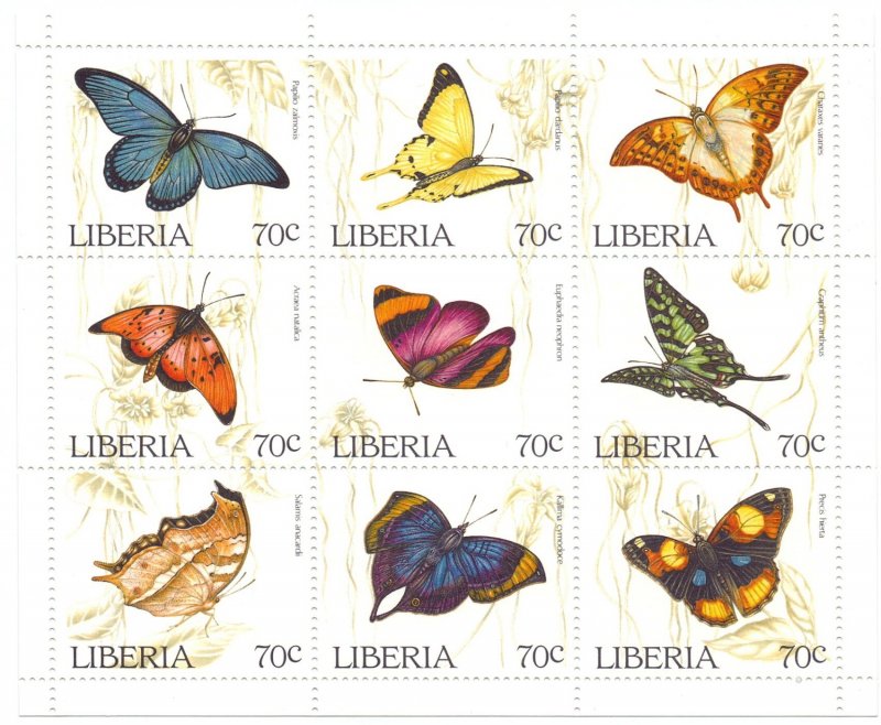 Liberia. 1996. Small sheet 1660-8. Butterflies fauna. MNH.