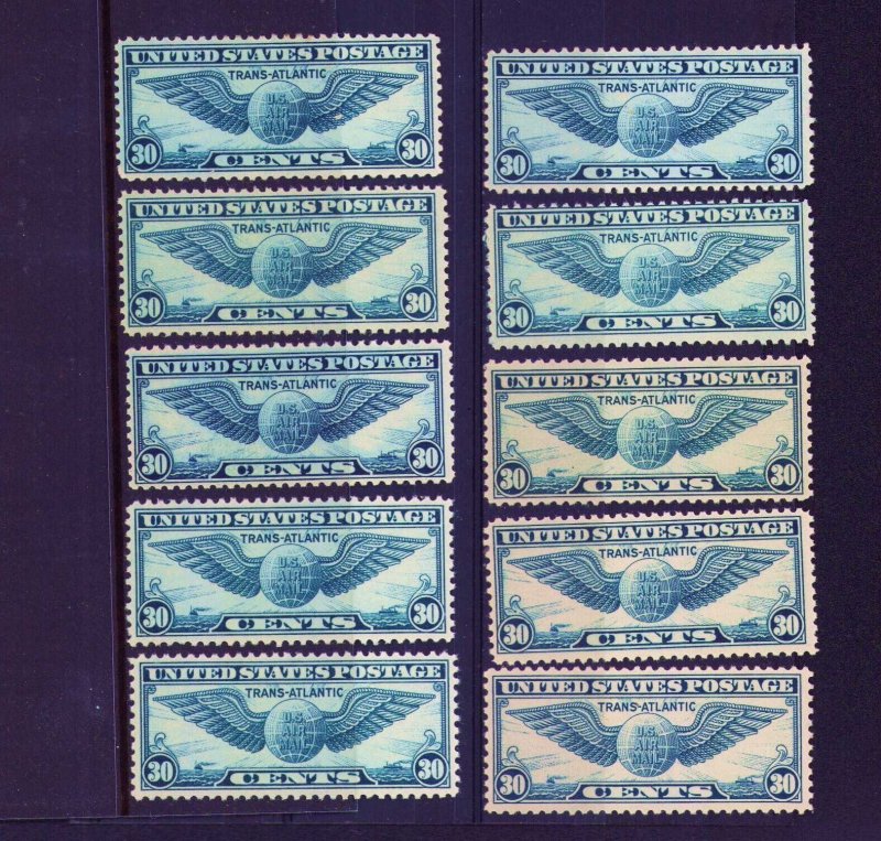 Lot of 10 C24 30c 1939 Winged Globe Full Gum Never Hinged CV $110.00