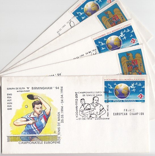 Romania, Mar/94 issue. Table Tennis Cancels on 5 Cachet Envelopes.