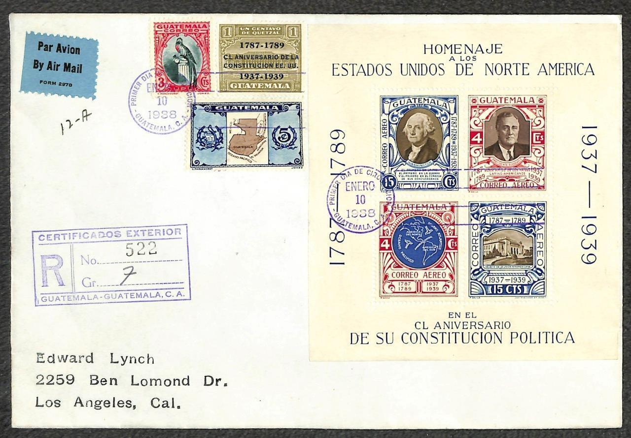 Guatemala #275 296 C92 S/S RA7 Stamps Registered FDC Airmail Cover to USA  1938  Central & South America - Guatemala, General Issue Stamp / Register  / HipStamp