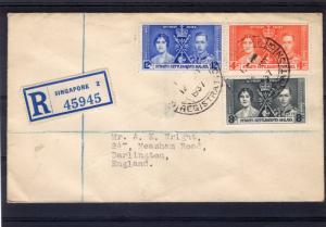 Malaya - Straits Settlements 1937 KG6 Coronation set of 3 Cover to England