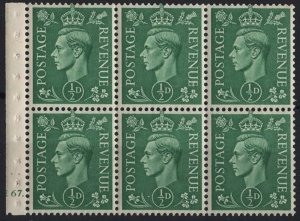 GB 1941 Light colours ½d cyl E67 dot booklet pane of 6 very fine mint, good pe