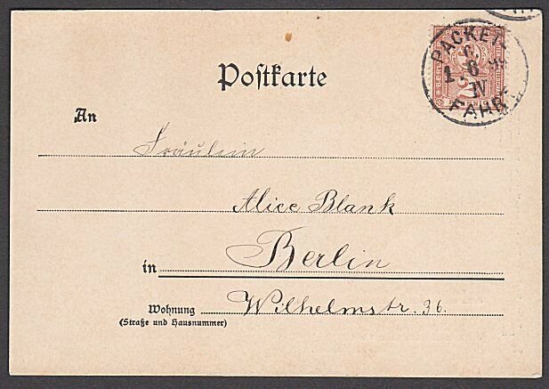 GERMANY BERLIN Private Post 1896 2pf on cat postcard used...................B346