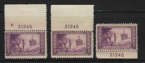 1934 Wisconsin Tercentenary 3c purple Sc 739 MNH matched plate numbers 21245 (E