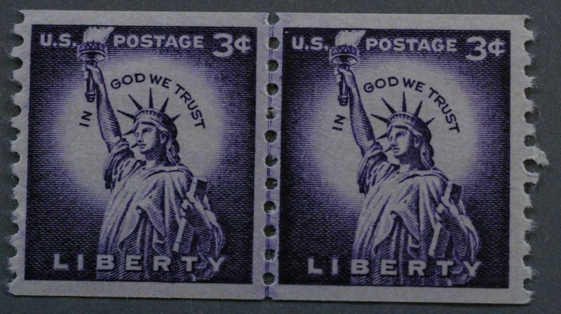 United States #1057a 3 Cent Liberty Coil Line Pair Large Holes Dry MNH