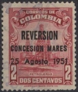Colombia 596 (used) 2c oil wells, car rose, ovtpd “REVERSION…” (1951)