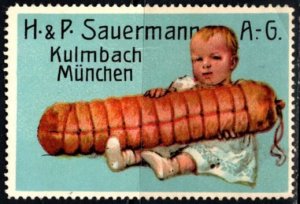 Vintage Germany Poster Stamp H & P Sauermann Factory Of Fine Meat Products