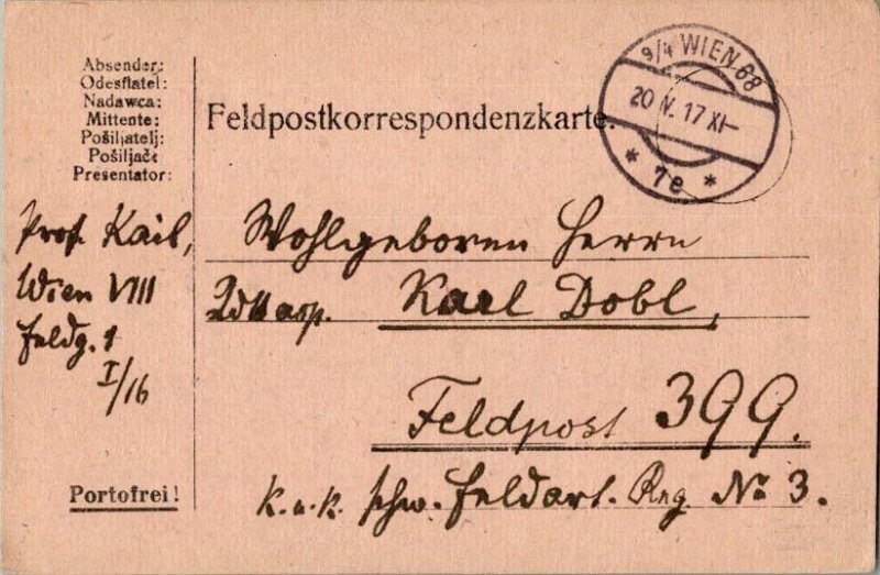 Austria Soldier's Free Mail 1915 Wien 68 Feldpostcard to Feldpost 399.