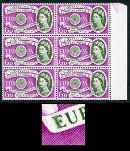 Spec W14b 1960 6d Europa with Blurred E Variety Block of 6 U/M 