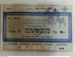 Indonesia OLD ANTIQUE Document ASIAN GAMES IV ENTRANCE TICKET 1962 SOCCER