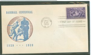 US 855 1939 3c Baseball Centennial (single) on an unaddressed FDC with an unknown cachet