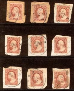 US sc#11A 1851 group of 9, all with Urbana, Ohio CDS