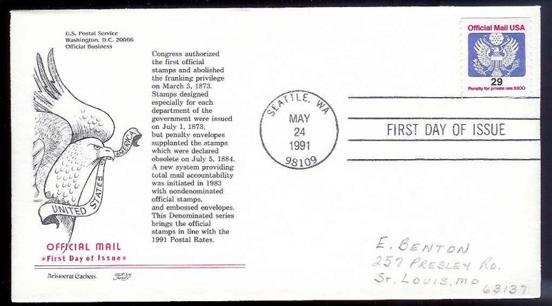 UNITED STATES FDC 29c Official Mail 1991 Aristocrat