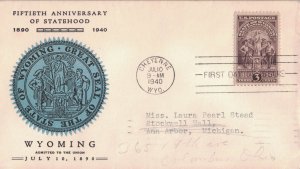 1940 FDC, #897, 3c Wyoming Statehood, Linprint