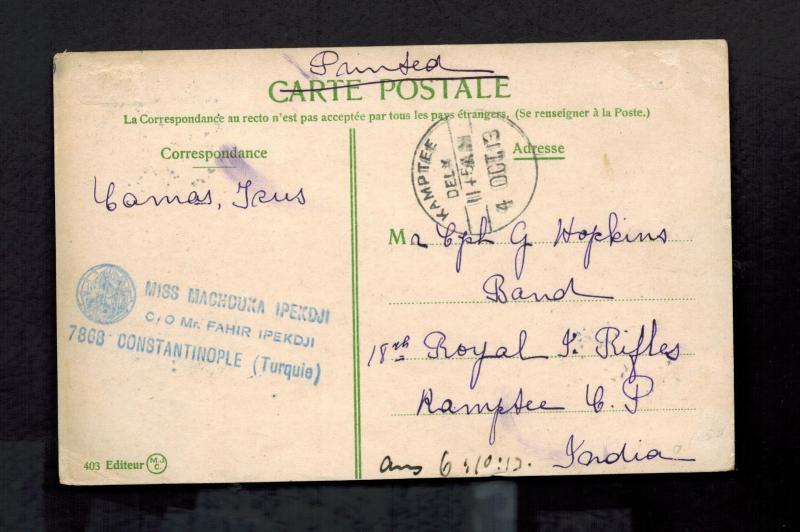 1913 Constantinople Turkey Postcard Cover to India Promenade View