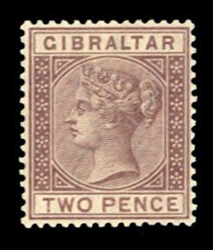 Gibraltar #12 Cat$35, 1886 2p brown violet, lightly hinged