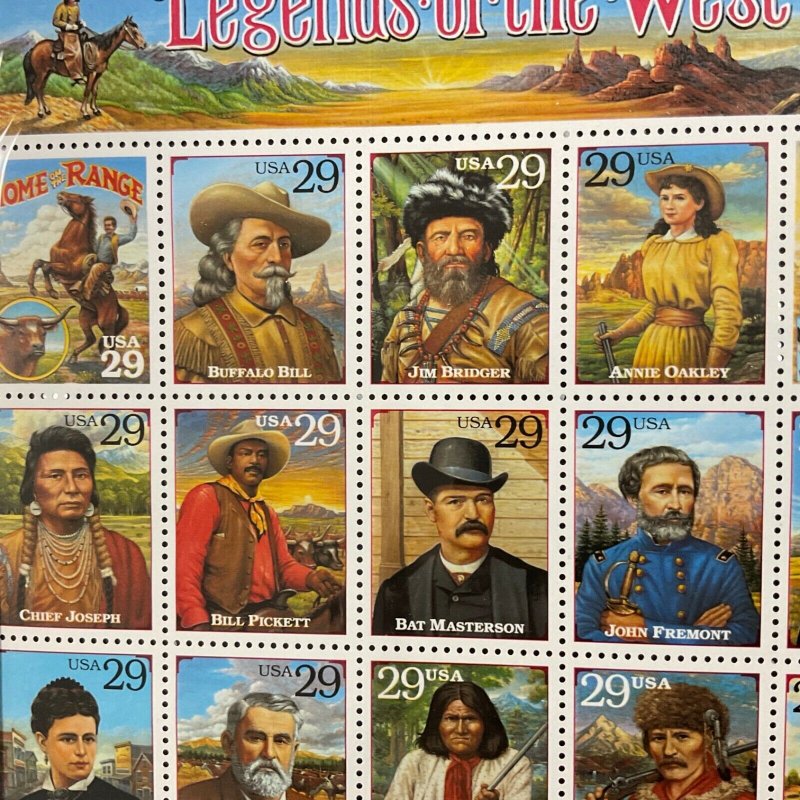 2870 Legends of the West Error sheet 29 c MNH Sheet of 20  FV $5.80   1994