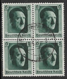 GERMANY 1937 6pf HITLER BIRTHDAY Block of 4 From SS Semi Postal Sc B102a VFU