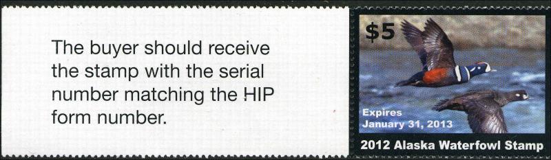 ALASKA #28A 2012 STATE DUCK HARLEQUIN DUCK HUNTER TYPE