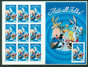 US #3535, 34¢ Porky Pig, Pane of 10 w/imperf, die-cutting extends through back