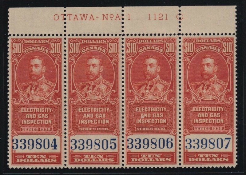 Canada VD #FEG7 (1930) $10 King George V Electricity Revenue Plate Block VF 