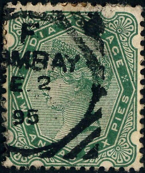 INDIA 1895 - F / BOMBAY SQUARED CIRCLE DATE STAMP ON SG103 2a6p GREEN