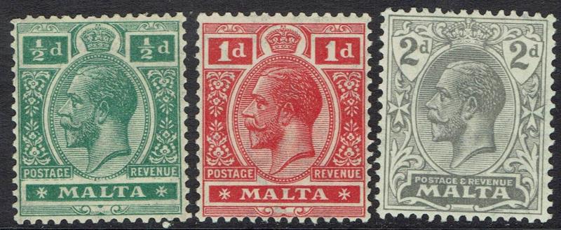 MALTA 1921 KGV 1/2D 1D AND 2D WMK MULTI SCRIPT CA