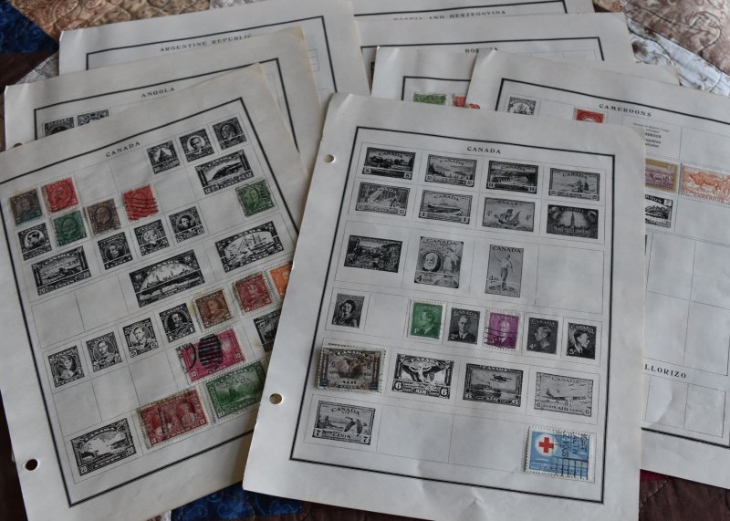Boxed Lot of Remnant Album Pages, Stamps, Old Department Store Sets & More