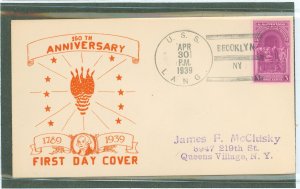 US 854 1939 3c George Washington's inauguration.  150th anniversary on an addressed first day cover with a Horton cachet...