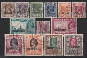 BURMA 1946 'SERVICE' on KGVI set 3p-10R. SG O28-40 cat £250.