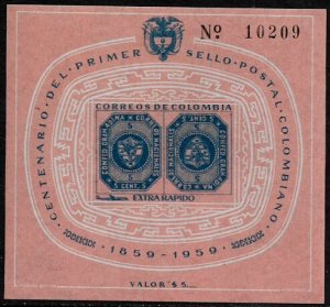 Colombia #C355 MNH Souvenir Sheet - Cent. of Colombian Postage Stamps