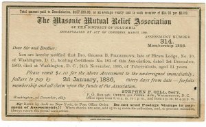 1885 Washington, DC experimental machine cancel on Masonic postal card