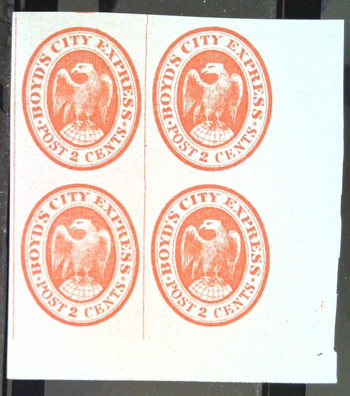 Scott #20Lx - C Forgery - Type X - 2c Orange-Red - Block of 4