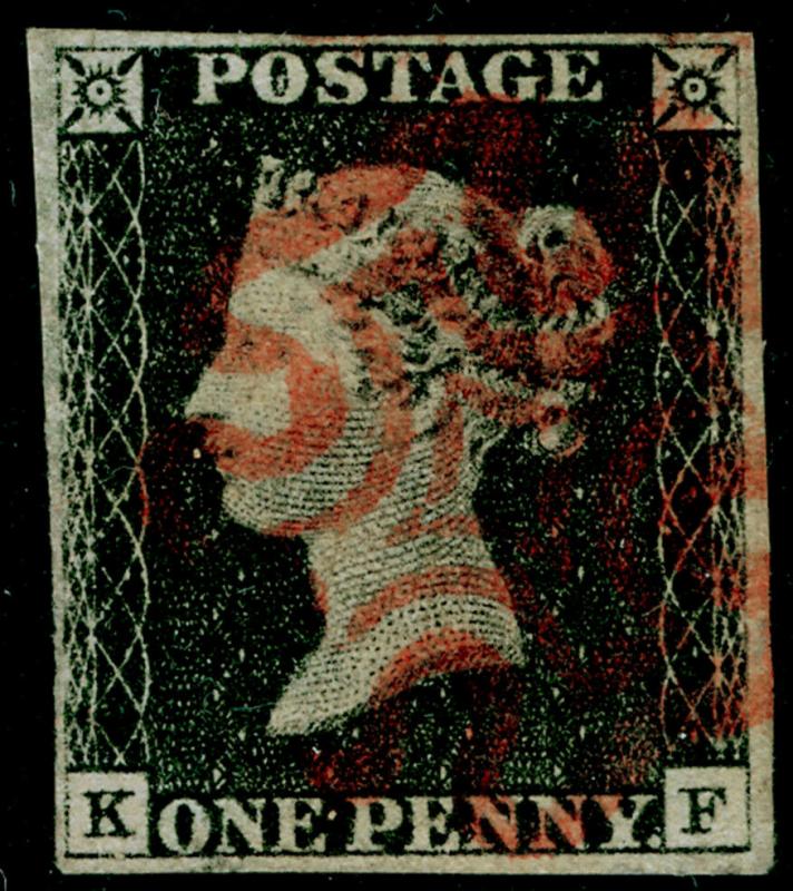 SG2, 1d black PLATE 4, FINE USED. Cat £400. RED MX. 4 MARGINS. USA CERT. KF