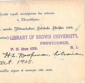 USA Rhode Is Superb *LIBRARY OF BROWN UNIVERSITY* Cachet Card Norway 1905 KK146