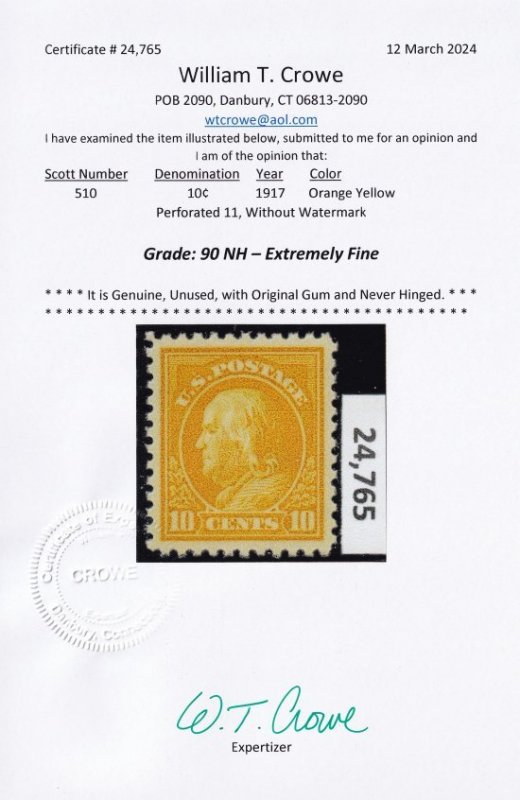 US Scott #510, Crowe Graded 90 Cert, XF, Mint, OG, Never Hinged, SCV $150.