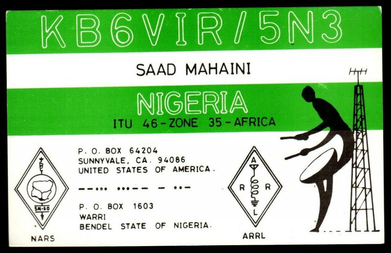 QSL Radio Card Saad Mahaini,Nigeria,KB6VIR/5N3, Man Beating A Drum, (Q3176)