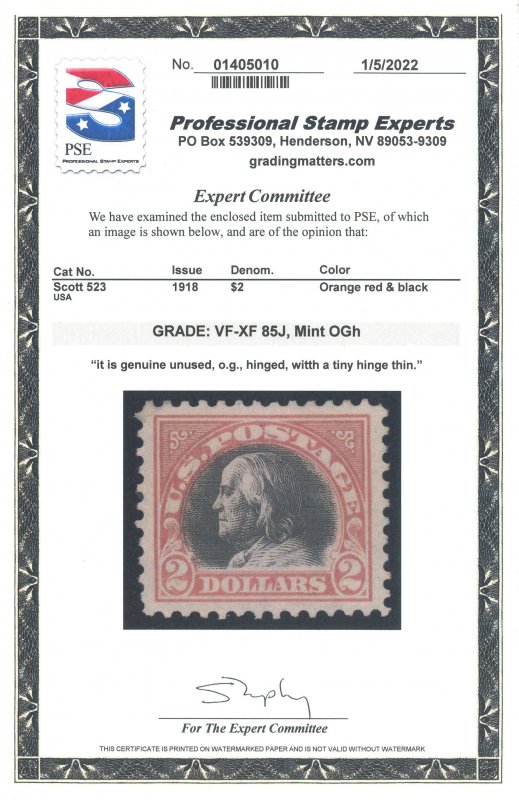 US Scott #523 Mint, Superb, Hinged, PFC, PSE (Graded 85J)