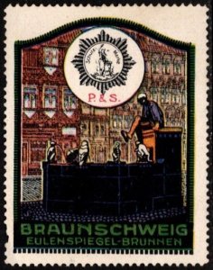 Vintage Germany Poster Stamp Braunschweig Eulenspiegel Owl Mirror Fountain